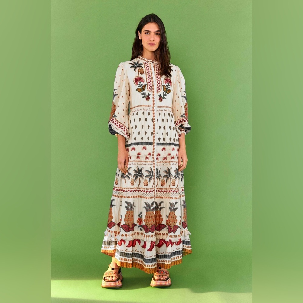 Farm Rio Rare pineapple tropical Embellished Embroidered Maxi Dress, small